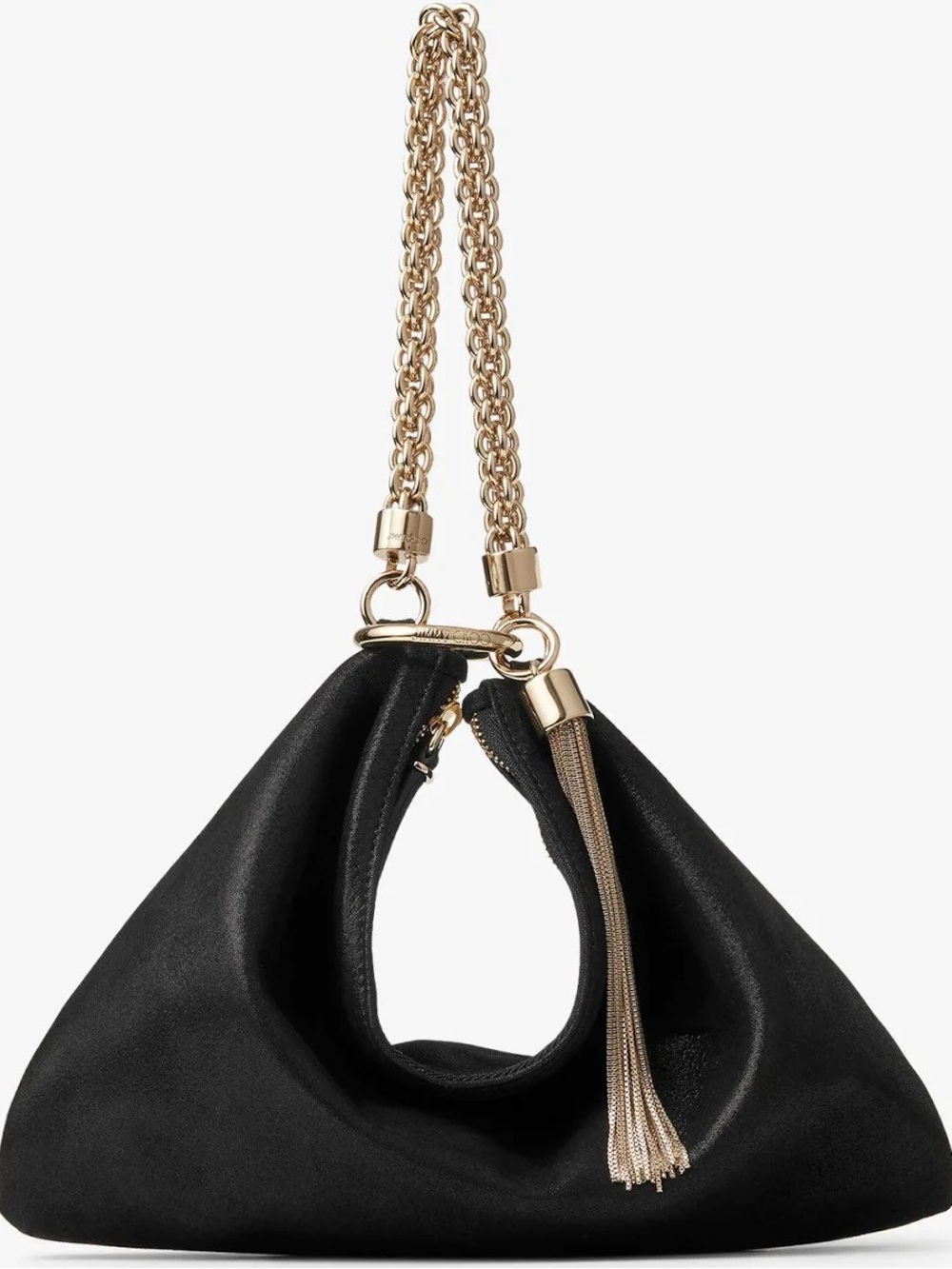 Jimmy Choo Black Suede Clutch with Gold Chain and Tassel